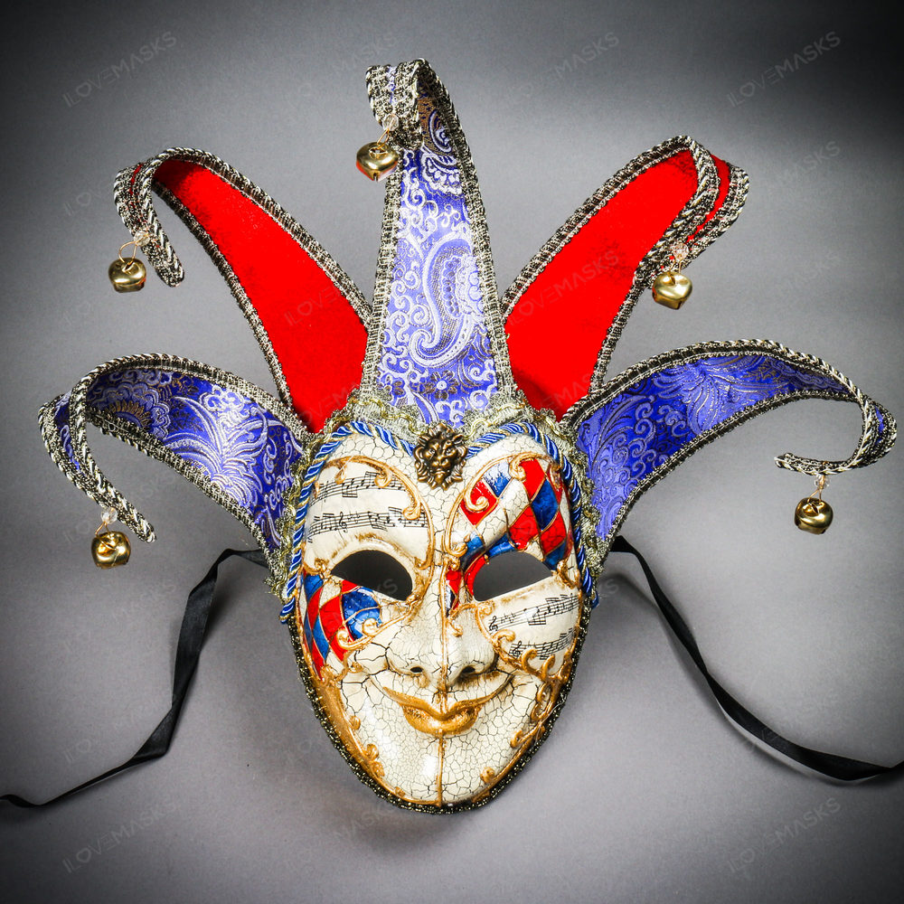 Medieval Jester Musical Joker Venetian Masquerade Mask Gold Lip Bells Red Blue